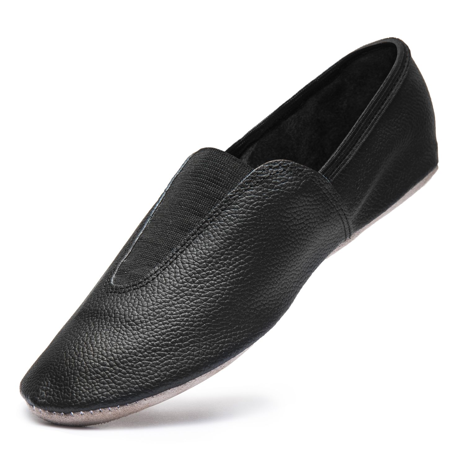 Rumpfs 1038 Gymnastikschuhe in Schwarz verfügen über eine Chromledersohle für ultimativen Tragekomfort, abgebildet auf weißem Hintergrund.